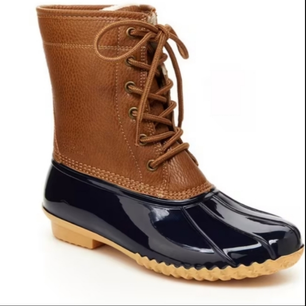 JBU Brown and Navy Lace-Up Waterproof Duck Boot with Tan Sole